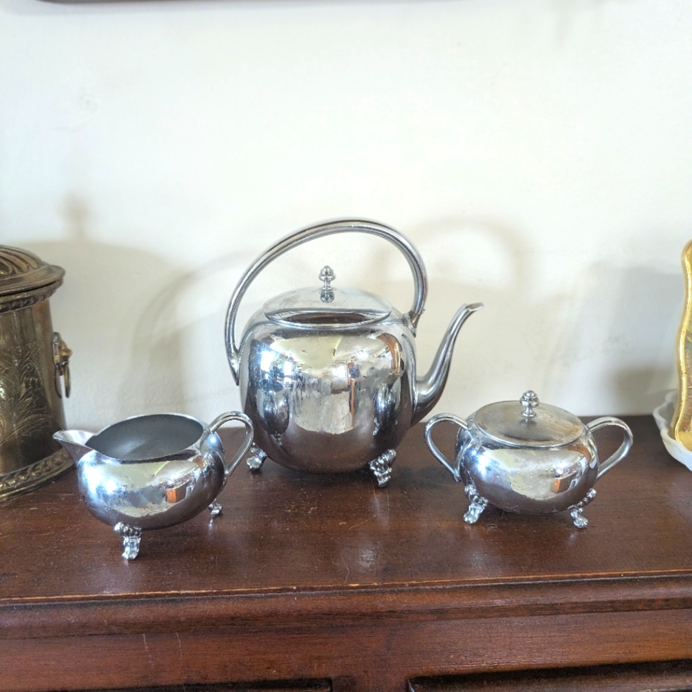 Silver-Color Tea Set - Teapot, Sugar Bowl & Creamer